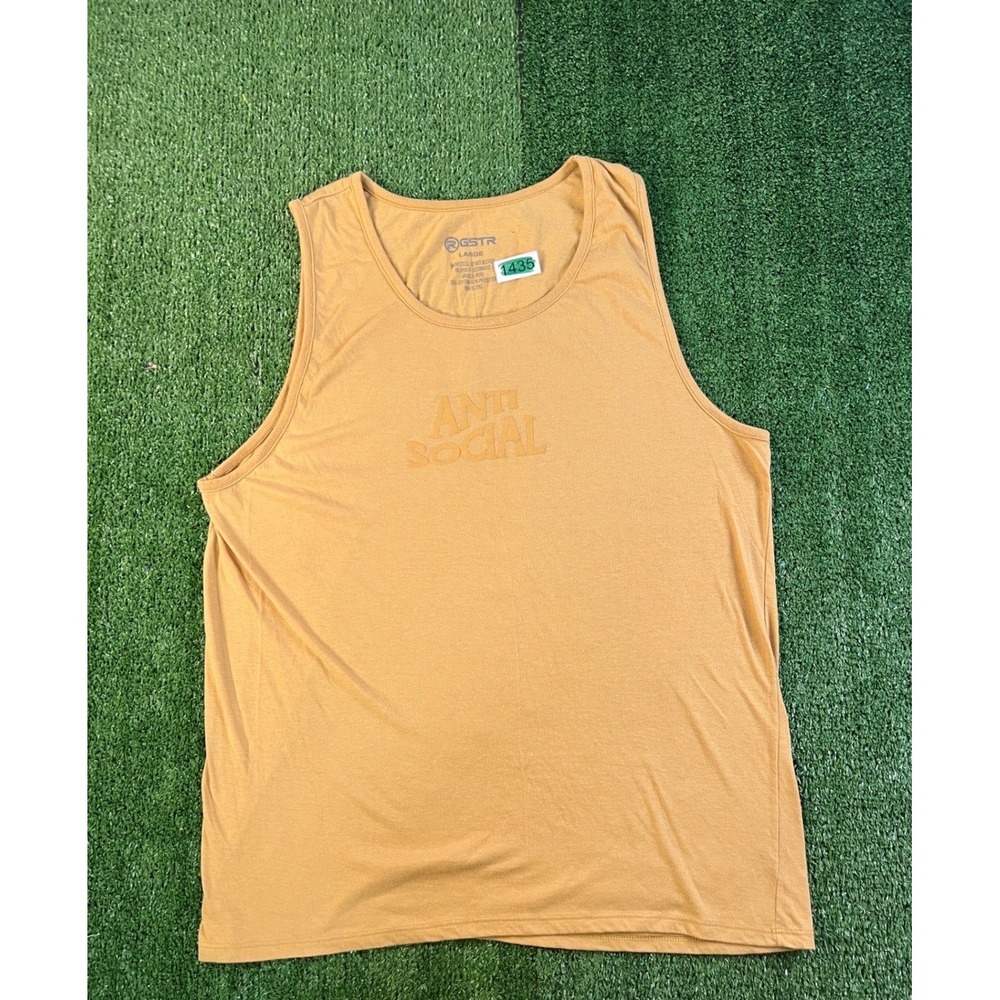 GSTR Mens Anti Social Tank Top Tan Khaki Graphic Sleeveless Shirt Large